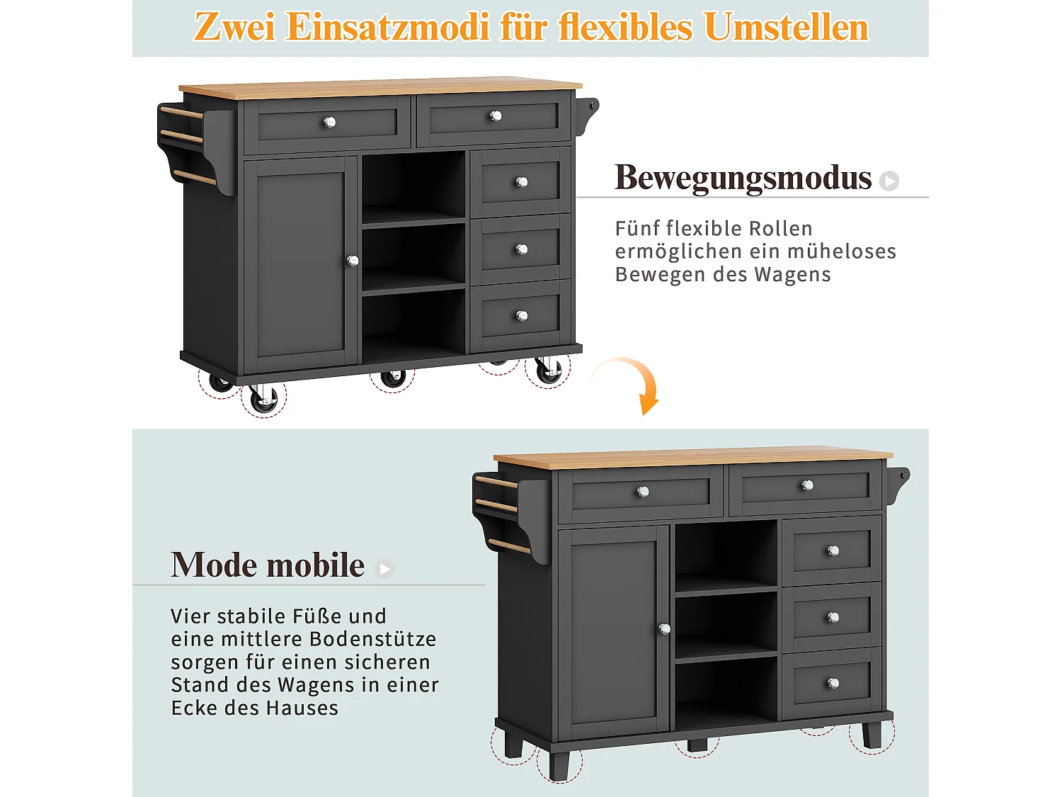 Carrello da cucina con 4 ante, 2 cassetti, vano aperto, nero e legno, con ruote e sistema di stoccaggio flessibile (134x46x92 cm)