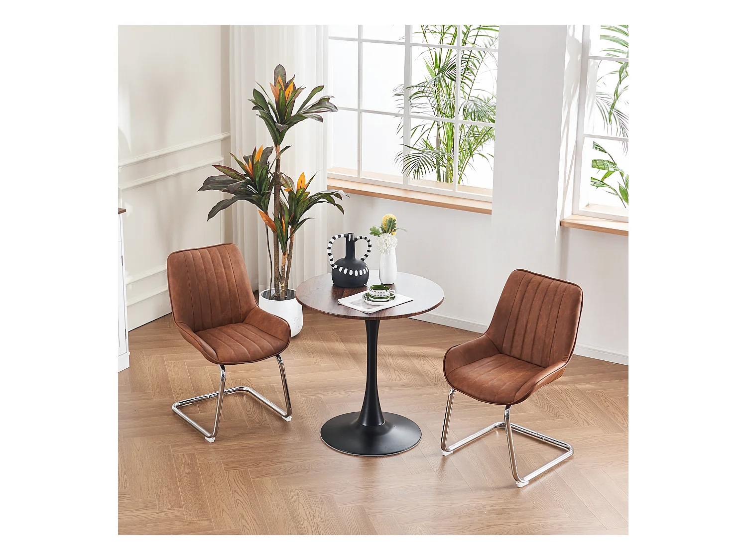 Chaises de salle à manger modernes, cuir synthétique, métal, marron (56x51x81 cm), lot de 2