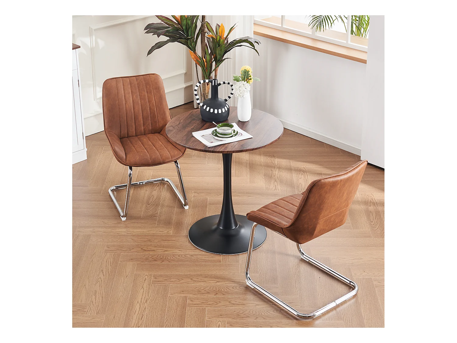 Chaises de salle à manger modernes, cuir synthétique, métal, marron (56x51x81 cm), lot de 2