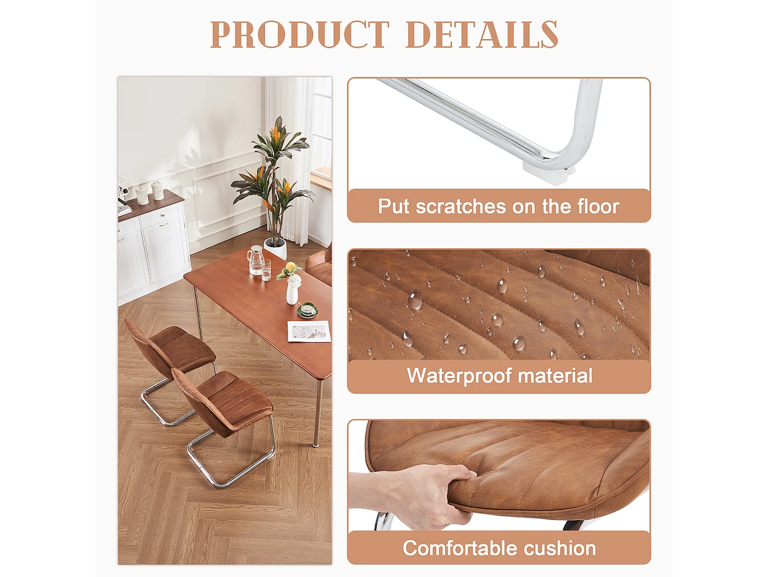 Sillas de comedor modernas, piel sintética, metal, marrón (56 x 51 x 81 cm), juego de 2