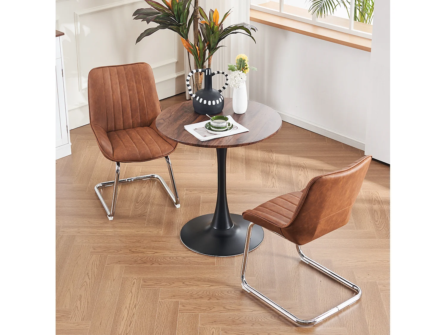 Sillas de comedor modernas, piel sintética, metal, marrón (56 x 51 x 81 cm), juego de 2