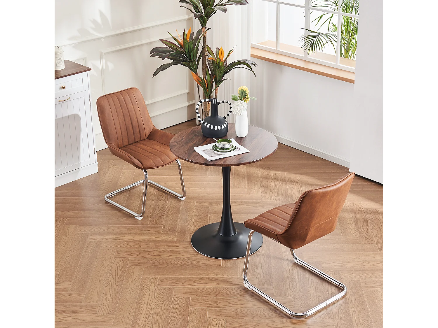 Sillas de comedor modernas, piel sintética, metal, marrón (56 x 51 x 81 cm), juego de 2