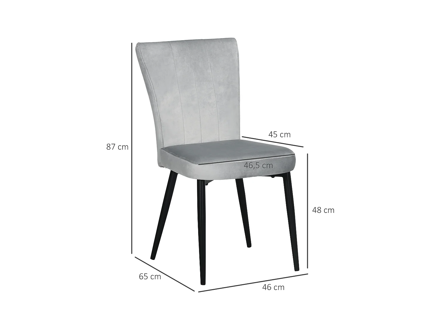 Lot de 4 chaises de salle à manger, dossier rembourré velours, structure acier, gris (46x65x87cm)