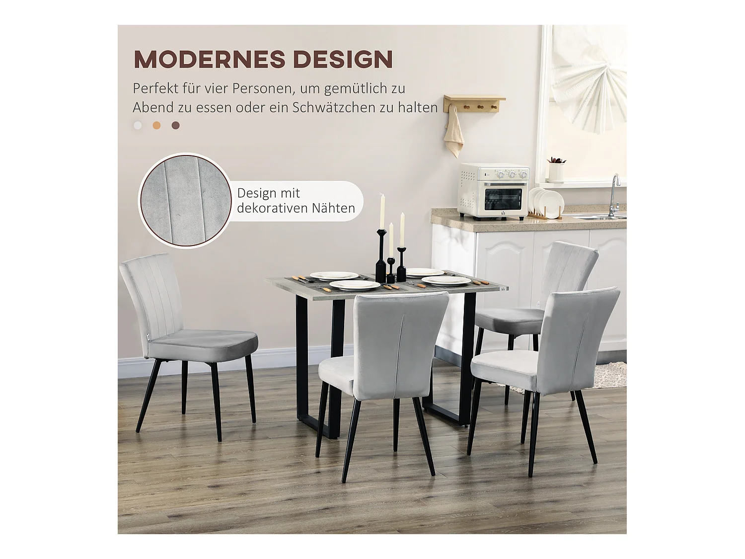 Lot de 4 chaises de salle à manger, dossier rembourré velours, structure acier, gris (46x65x87cm)