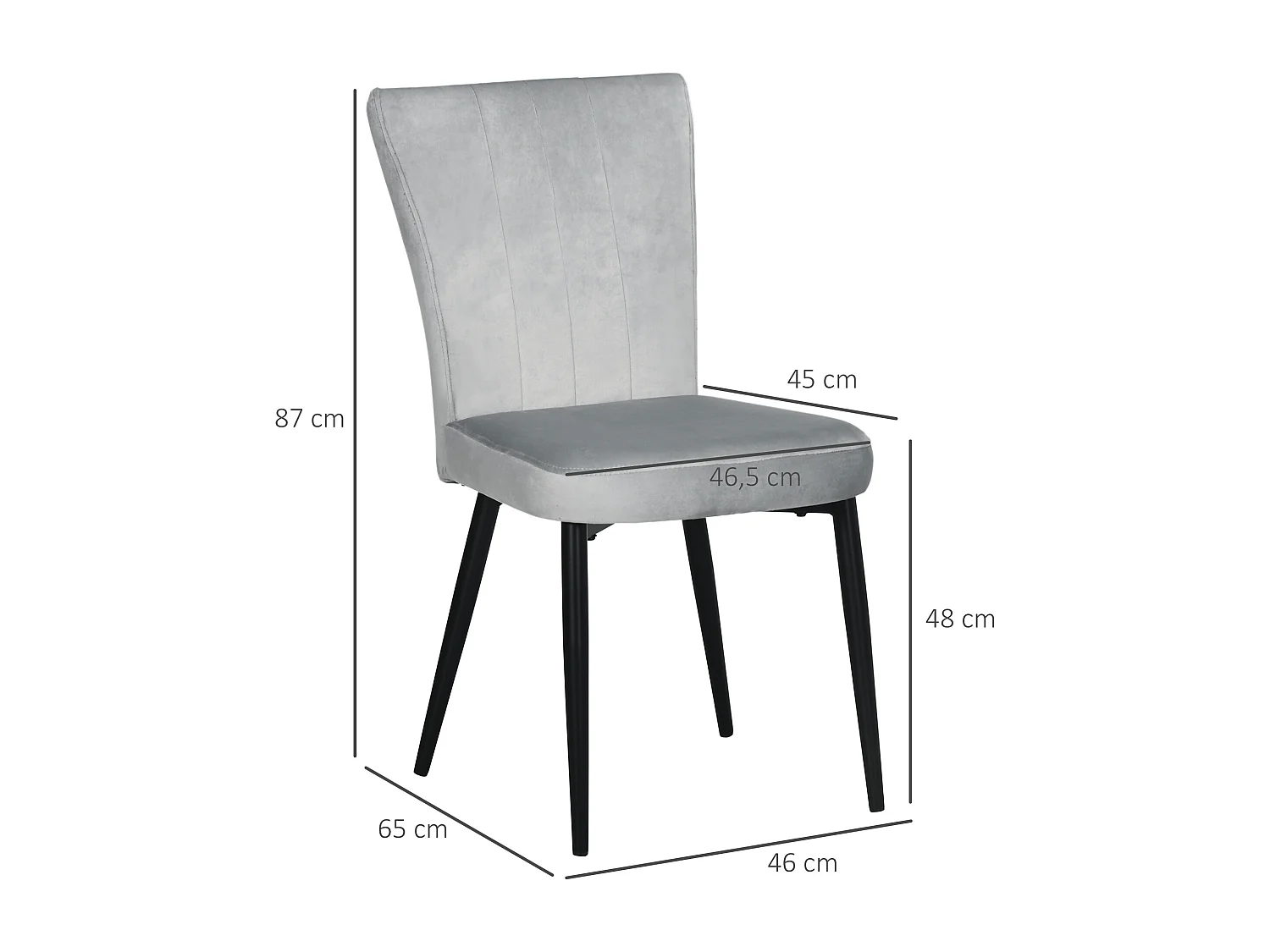 Set van 4 eetkamerstoelen, rugleuning met fluweel, stalen frame, grijs (46x65x87cm)