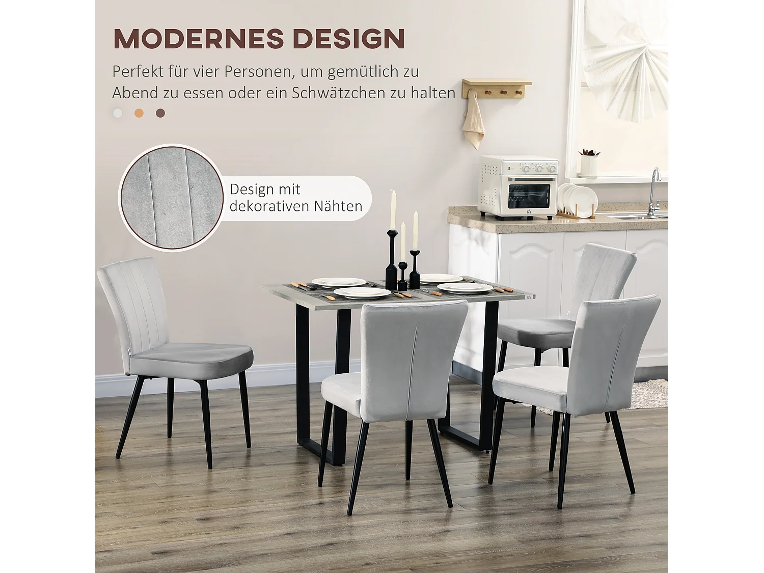 Set van 4 eetkamerstoelen, rugleuning met fluweel, stalen frame, grijs (46x65x87cm)