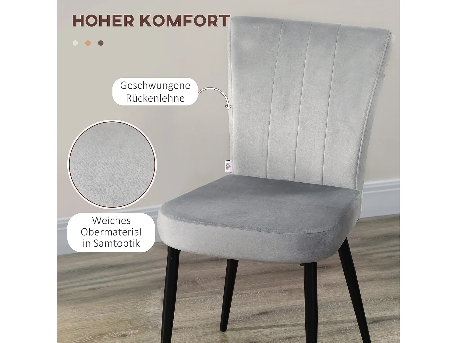Set van 4 eetkamerstoelen, rugleuning met fluweel, stalen frame, grijs (46x65x87cm)