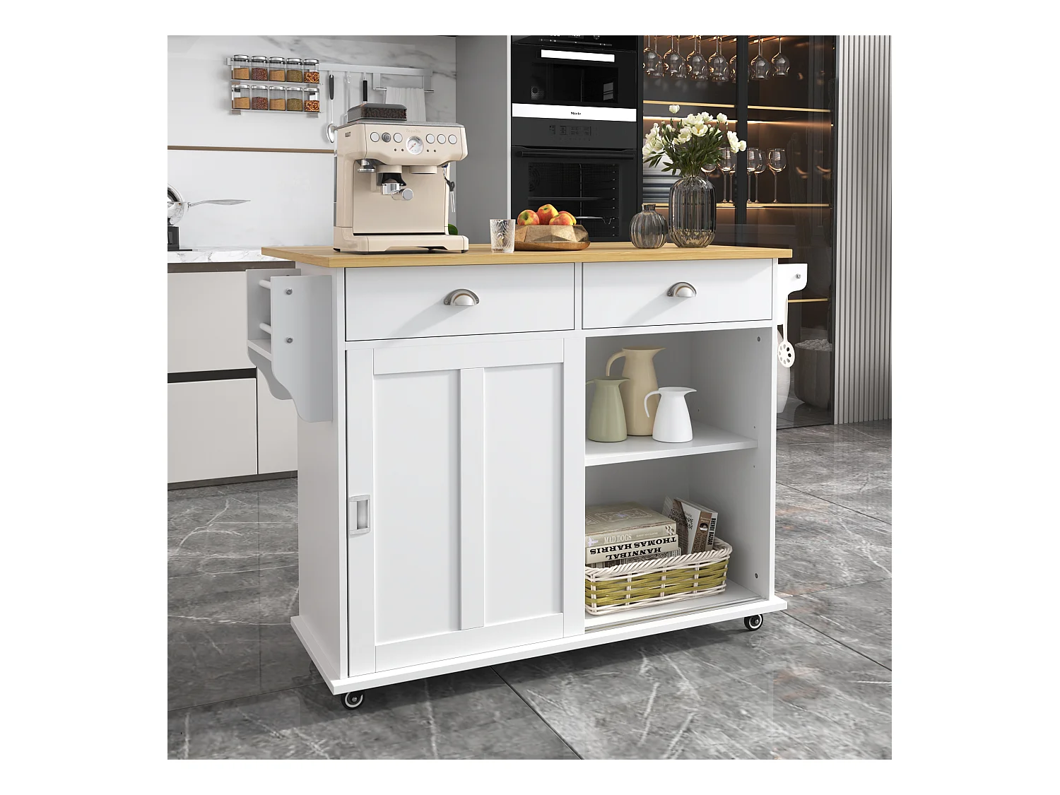 Chariot de cuisine avec plateau rabattable, 3 tiroirs, porte-serviettes, roulettes et pieds en bois interchangeables (112x40(70)x94 cm)