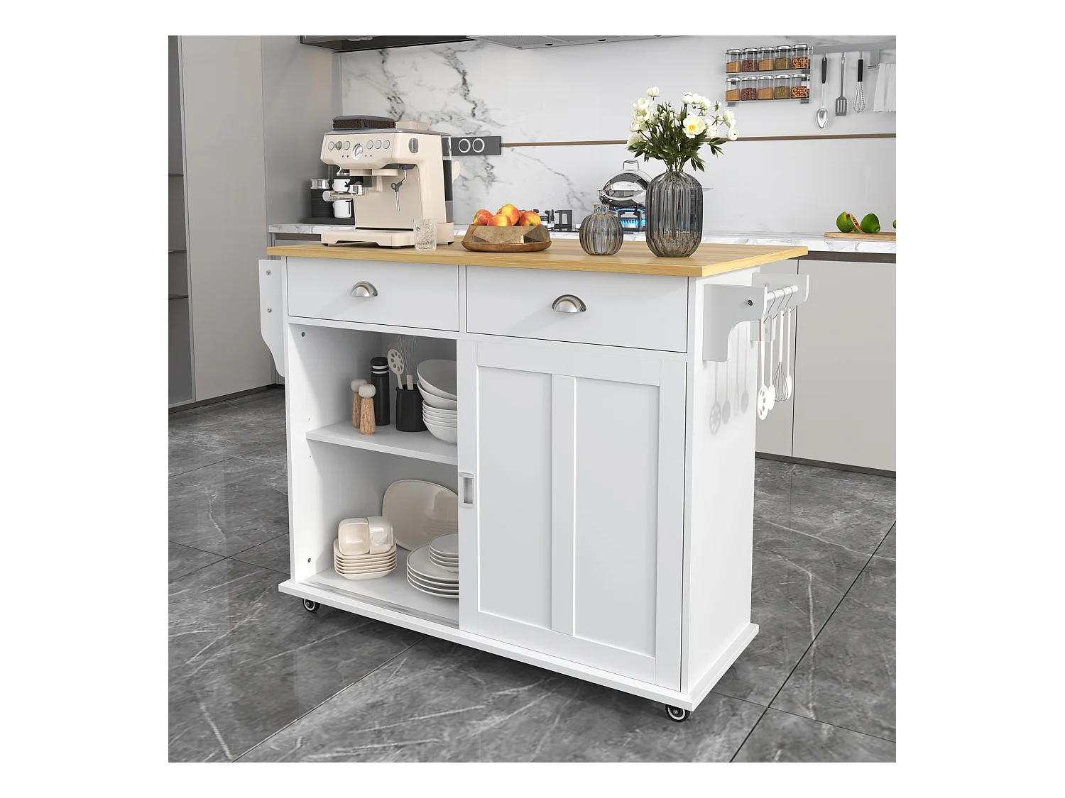 Chariot de cuisine avec plateau rabattable, 3 tiroirs, porte-serviettes, roulettes et pieds en bois interchangeables (112x40(70)x94 cm)