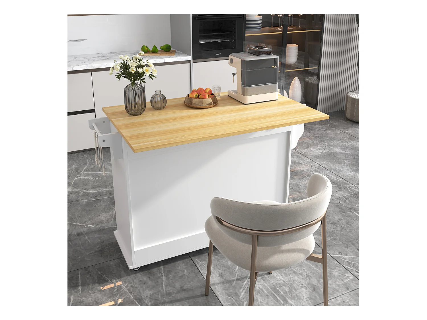 Chariot de cuisine avec plateau rabattable, 3 tiroirs, porte-serviettes, roulettes et pieds en bois interchangeables (112x40(70)x94 cm)