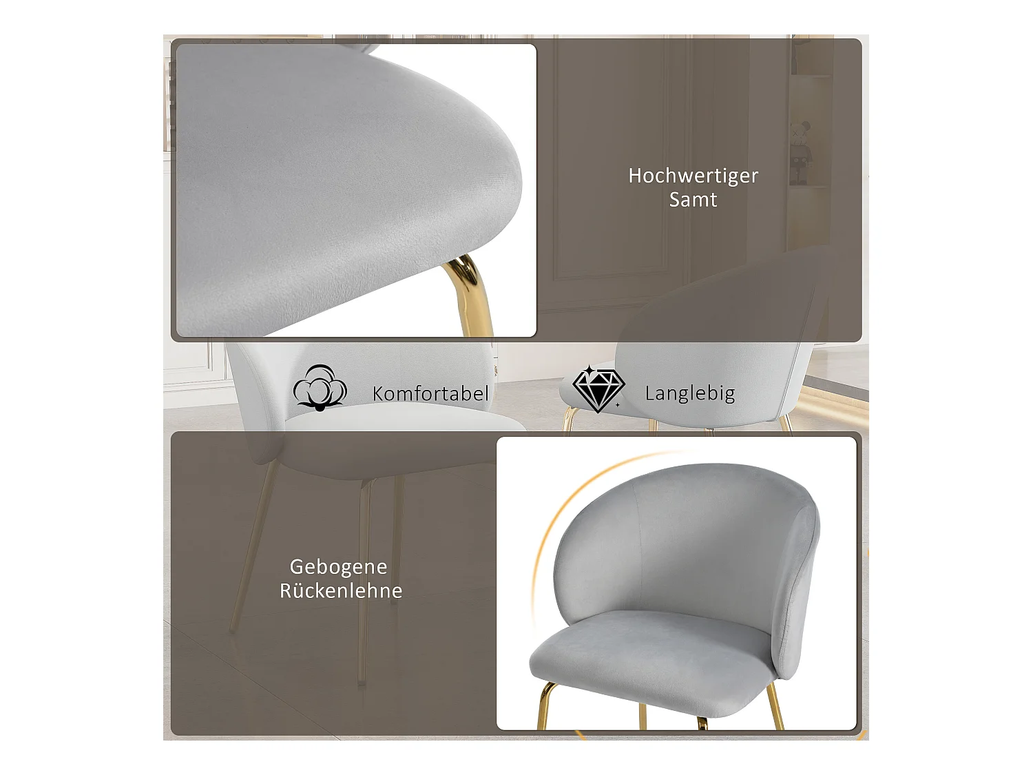 moderne eetkamerstoelen met armleuningen, fluwelen bekleding, gouden metalen poten, grijs (56x56x76 cm)