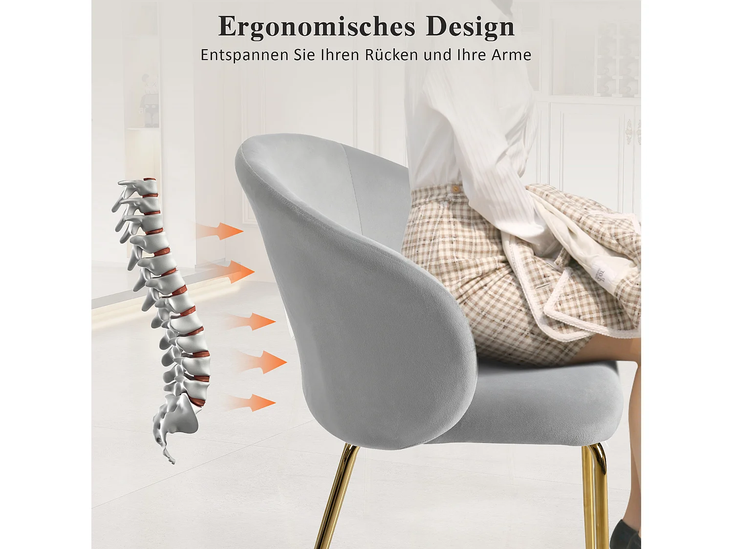 6 Chaises de salle à manger modernes avec accoudoirs, revêtement en velours, pieds métalliques dorés, gris (56x56x76 cm)