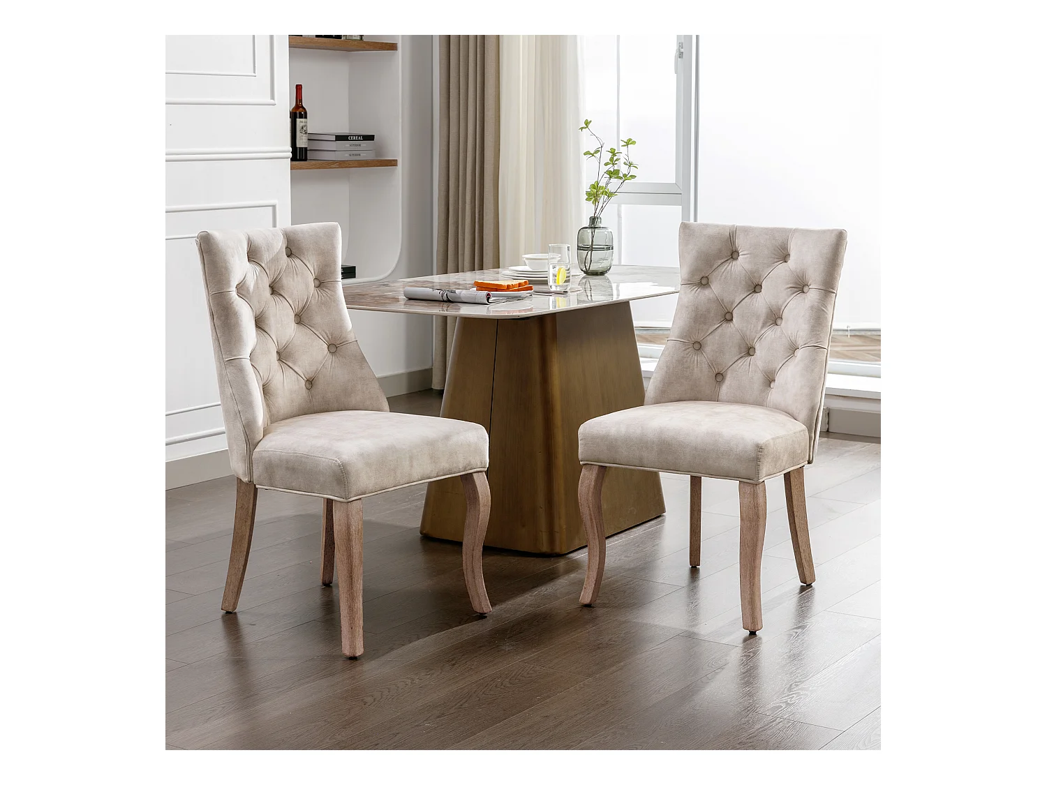 Chaise de Salle à Manger en Velours Beige, Haut Dossier, Boutons, Pieds en Bois Massif (51x57x100 cm)