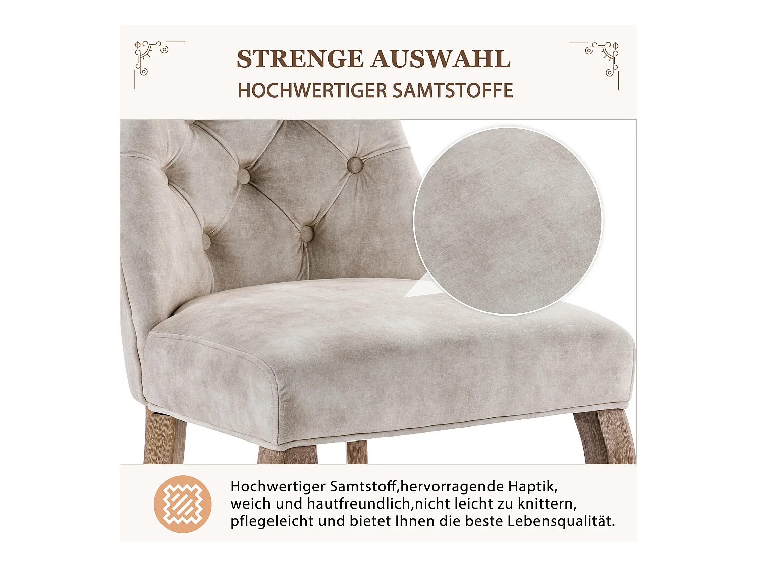 Chaise de Salle à Manger en Velours Beige, Haut Dossier, Boutons, Pieds en Bois Massif (51x57x100 cm)