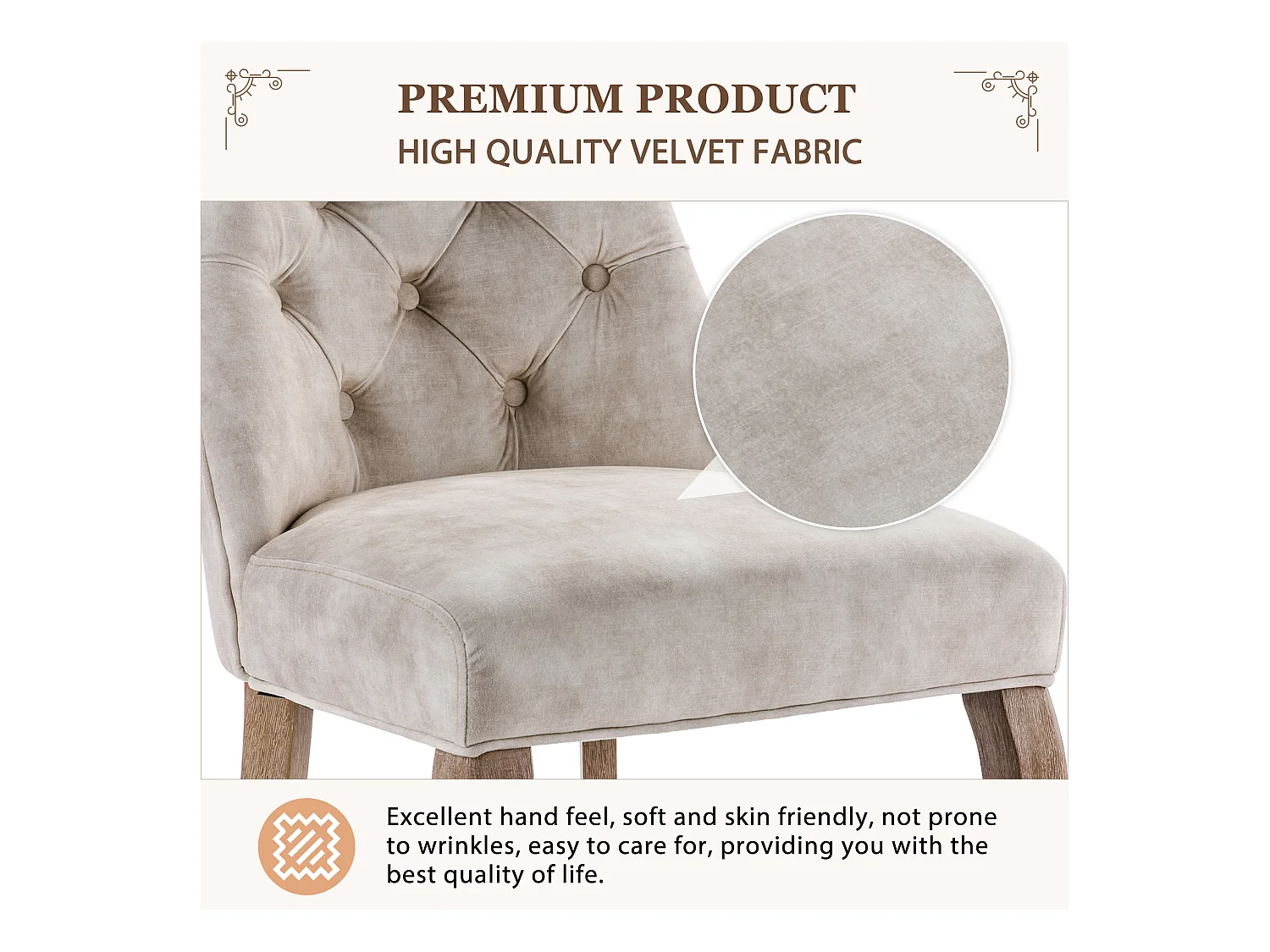 Chaise de Salle à Manger en Velours Beige, Haut Dossier, Boutons, Pieds en Bois Massif (51x57x100 cm)