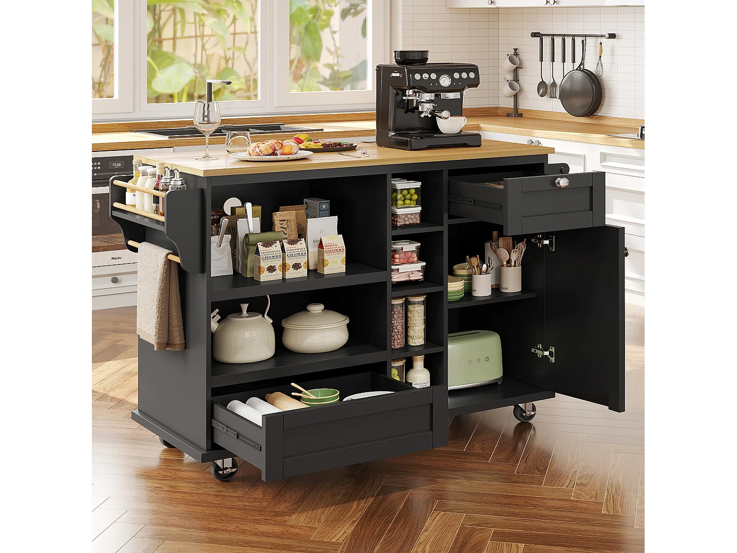 Carrello da cucina mobile nero moderno e semplice con ripiani e cassetti, piano di lavoro in legno chiaro (129 x 46 x 92 cm)