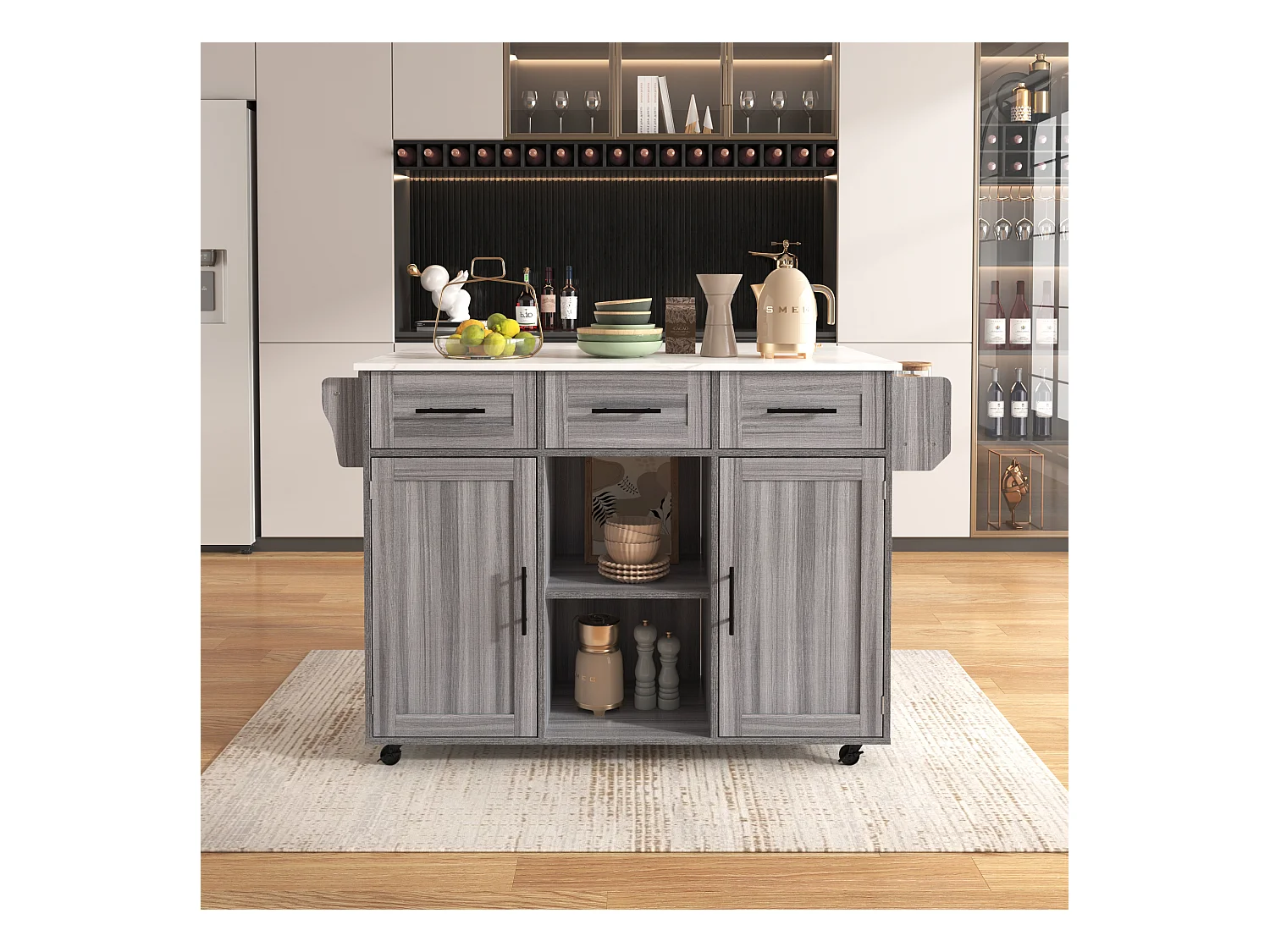 Keukentrolley, massief houten oppervlak, blauwe behuizing, wit marmeren blad, deur, 3 lades, wielen, afneembare houten poten (139x46(71)x91,5 cm)