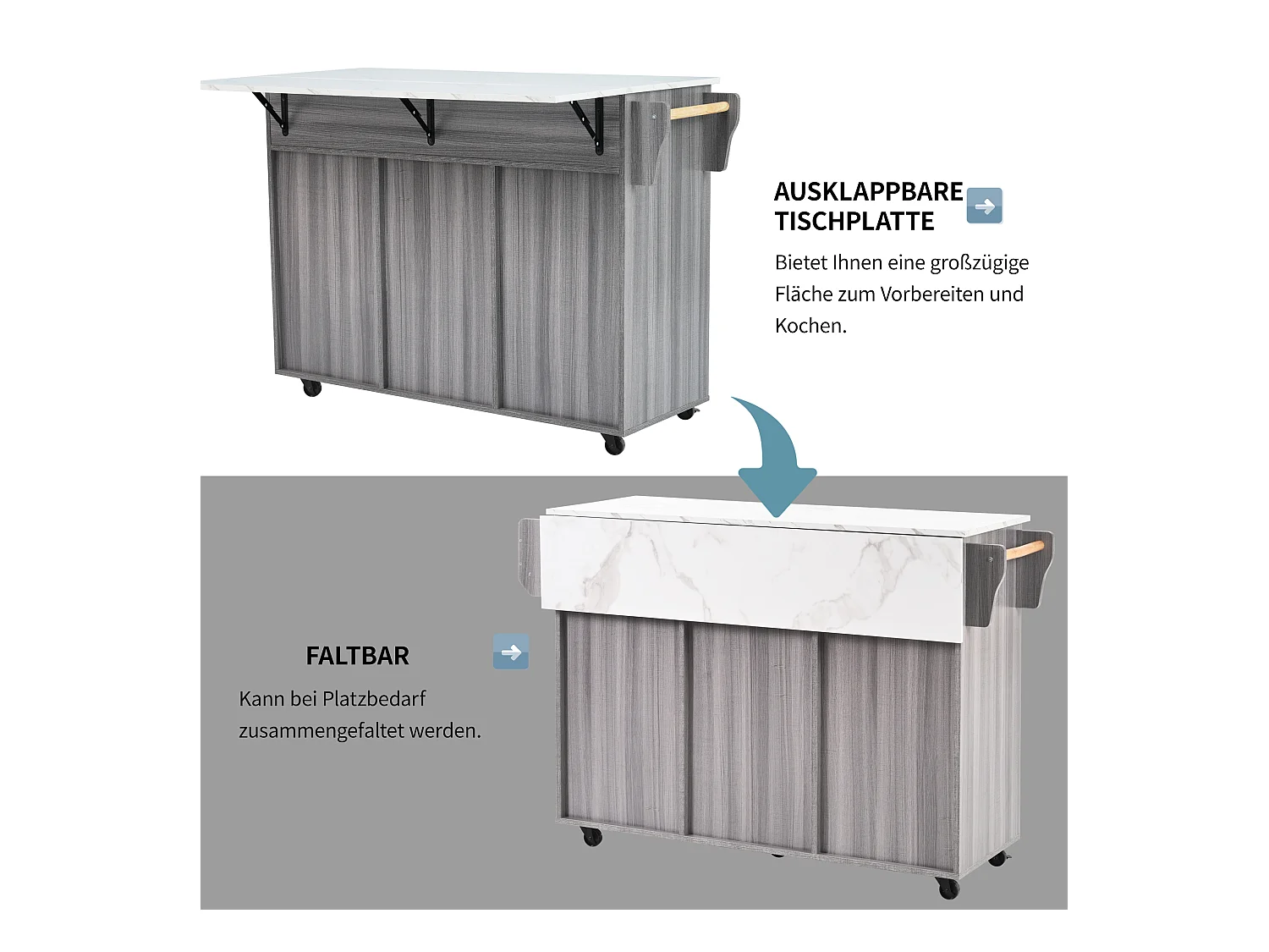 Keukentrolley, massief houten oppervlak, blauwe behuizing, wit marmeren blad, deur, 3 lades, wielen, afneembare houten poten (139x46(71)x91,5 cm)