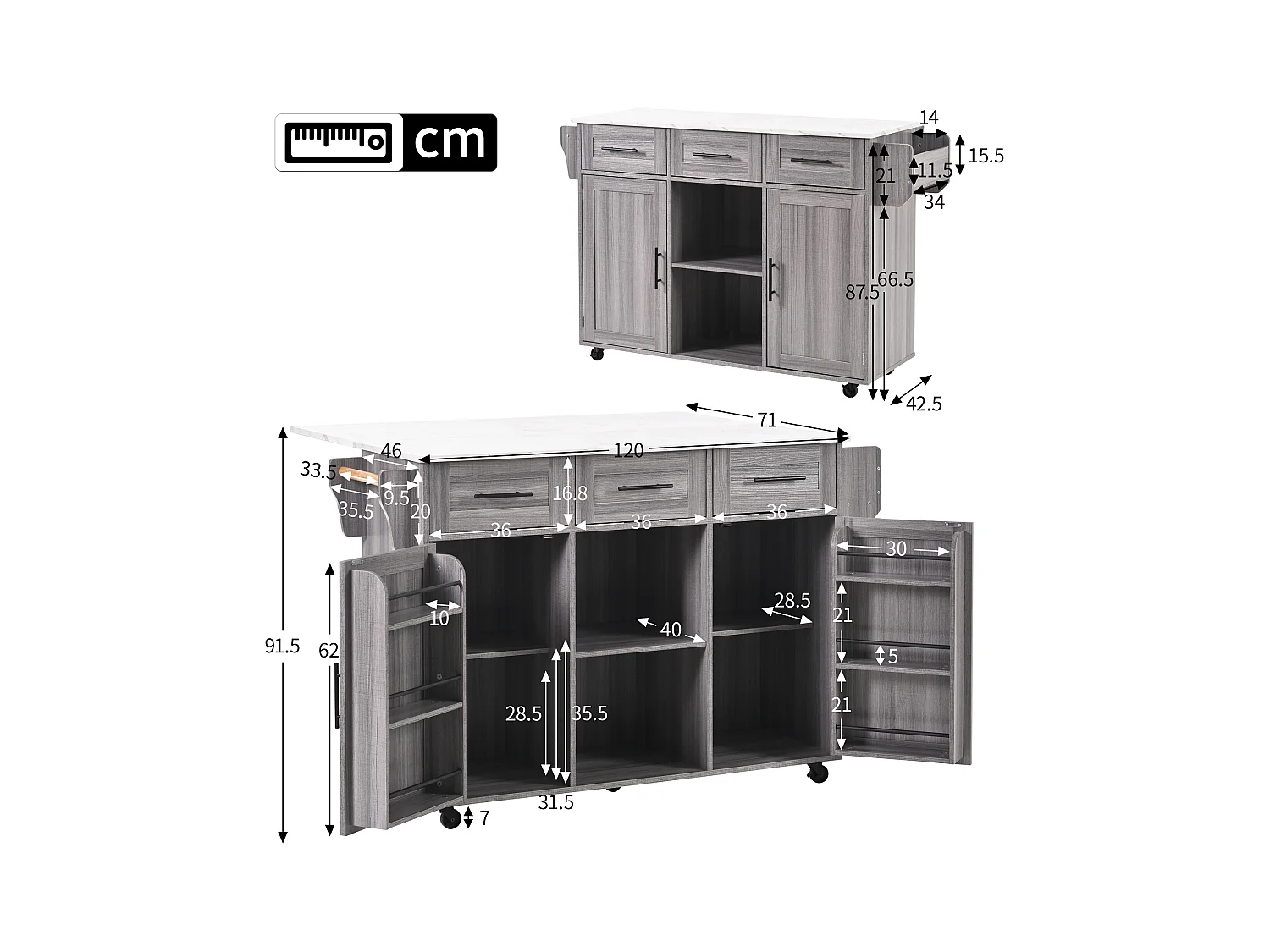 Keukentrolley, massief houten oppervlak, blauwe behuizing, wit marmeren blad, deur, 3 lades, wielen, afneembare houten poten (139x46(71)x91,5 cm)