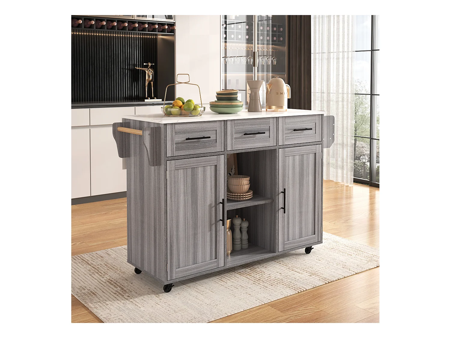 Chariot cuisine, surface bois massif, corps bleu, plan marbre blanc, porte, 3 tiroirs, roulettes, pieds bois amovibles (139x46(71)x91.5 cm)