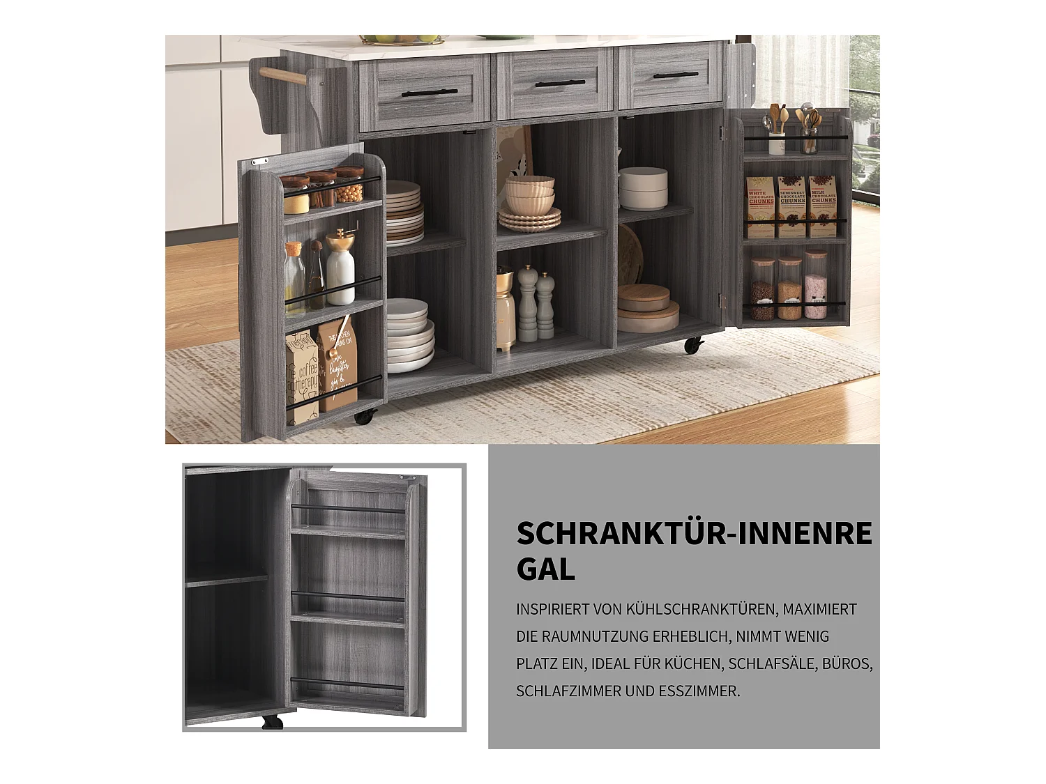 Chariot cuisine, surface bois massif, corps bleu, plan marbre blanc, porte, 3 tiroirs, roulettes, pieds bois amovibles (139x46(71)x91.5 cm)