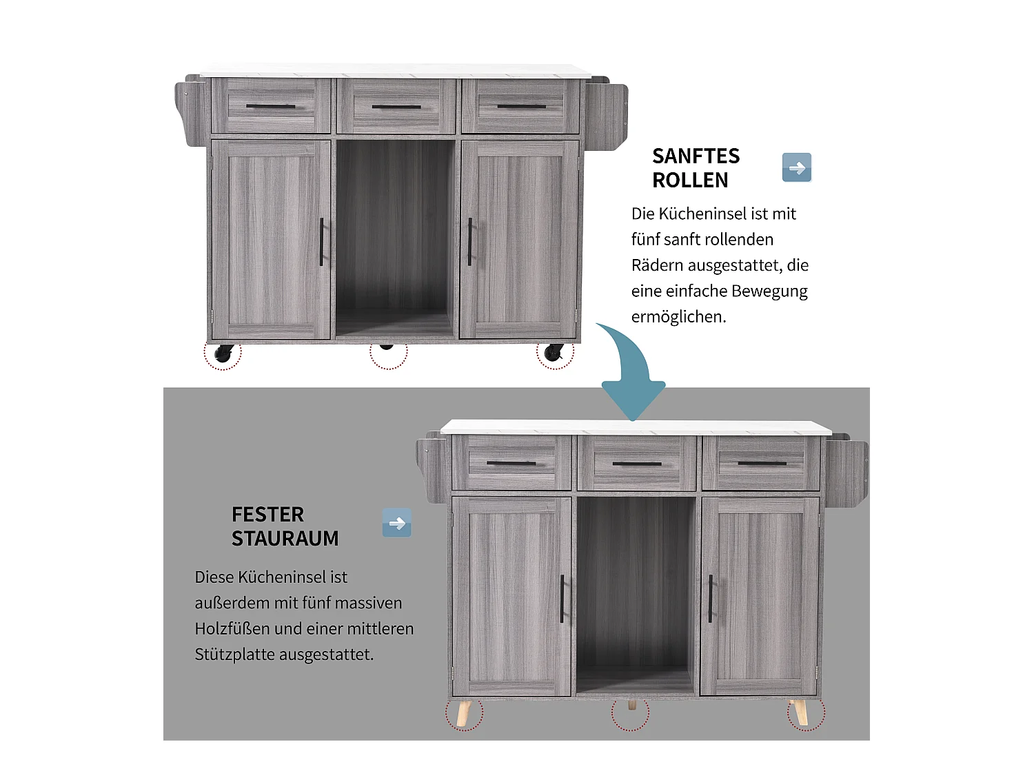 Chariot cuisine, surface bois massif, corps bleu, plan marbre blanc, porte, 3 tiroirs, roulettes, pieds bois amovibles (139x46(71)x91.5 cm)