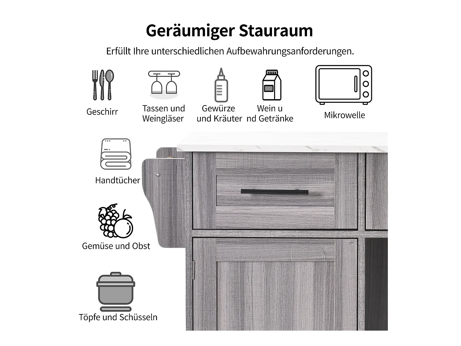 Chariot cuisine, surface bois massif, corps bleu, plan marbre blanc, porte, 3 tiroirs, roulettes, pieds bois amovibles (139x46(71)x91.5 cm)