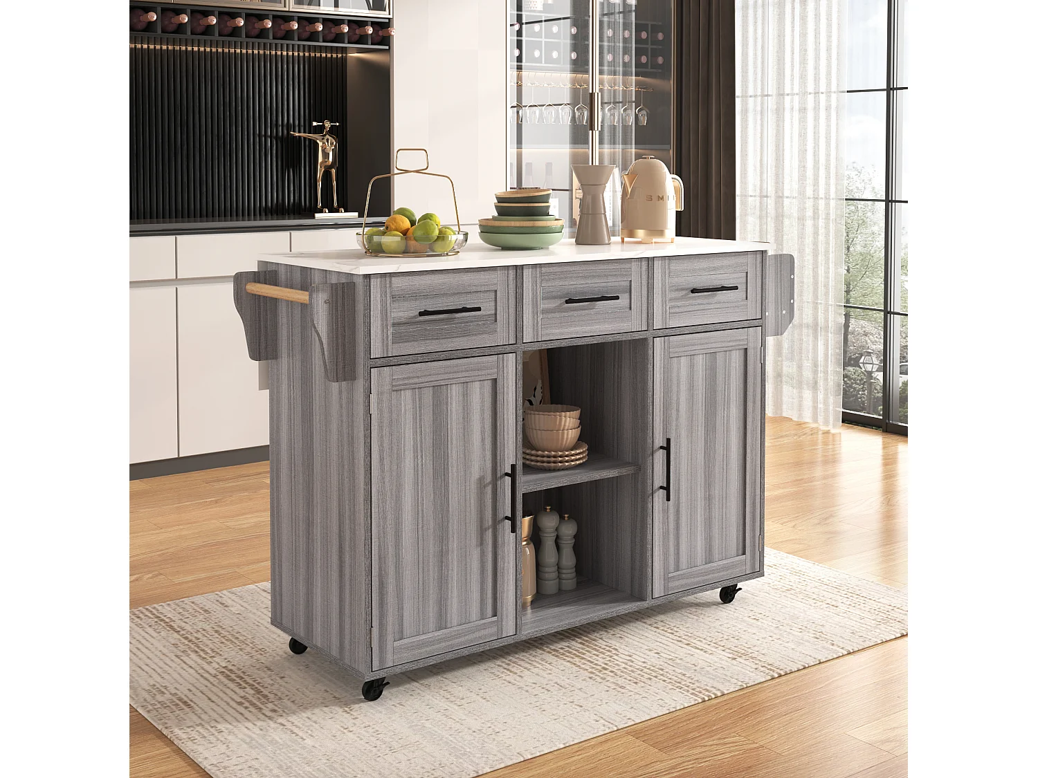 Chariot cuisine, surface bois massif, corps bleu, plan marbre blanc, porte, 3 tiroirs, roulettes, pieds bois amovibles (139x46(71)x91.5 cm)