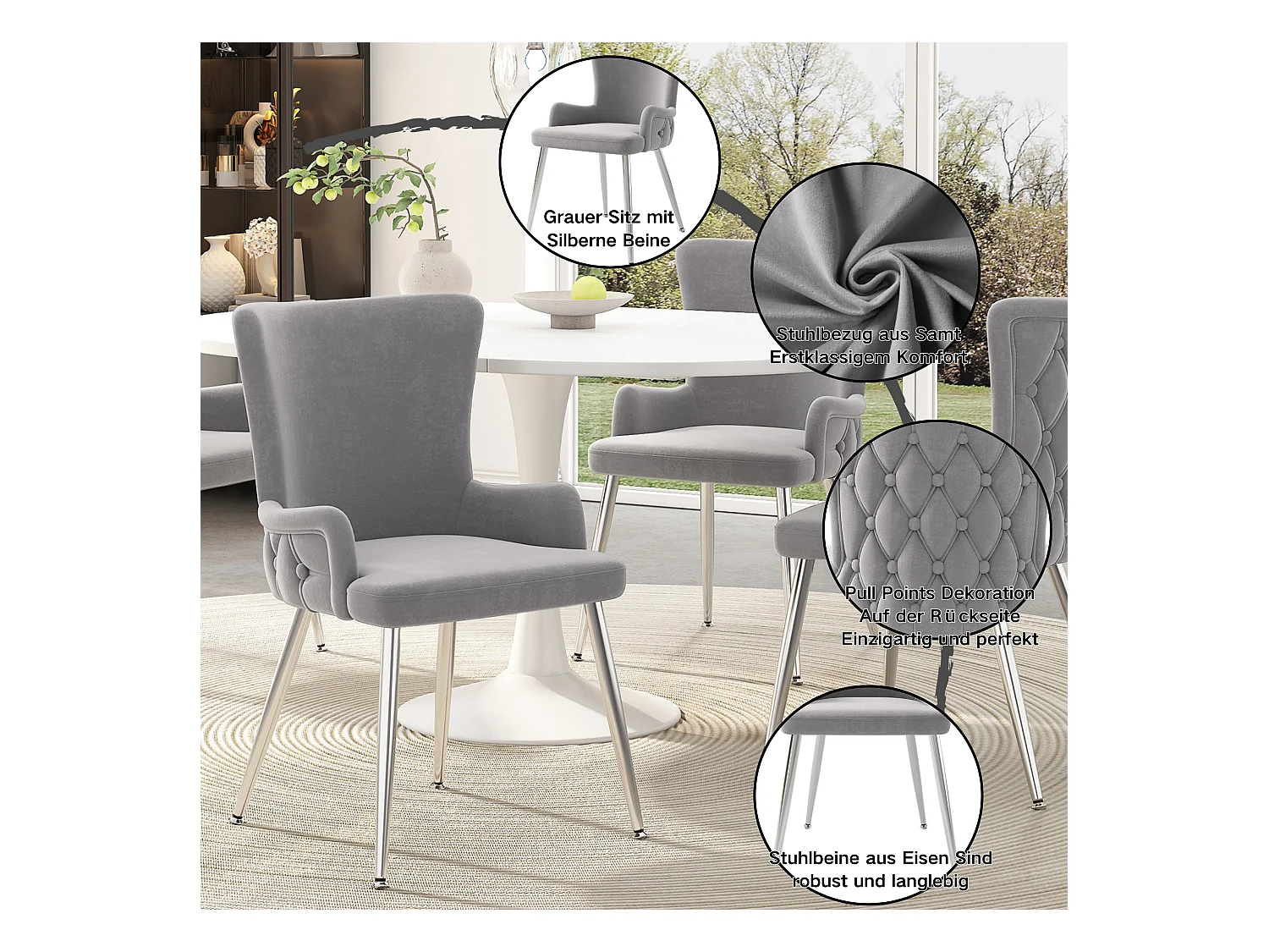 Fauteuil de salle à manger, 6 pièces, avec pieds métalliques argentés, en velours, gris (62.87x58.42x55.88 cm)