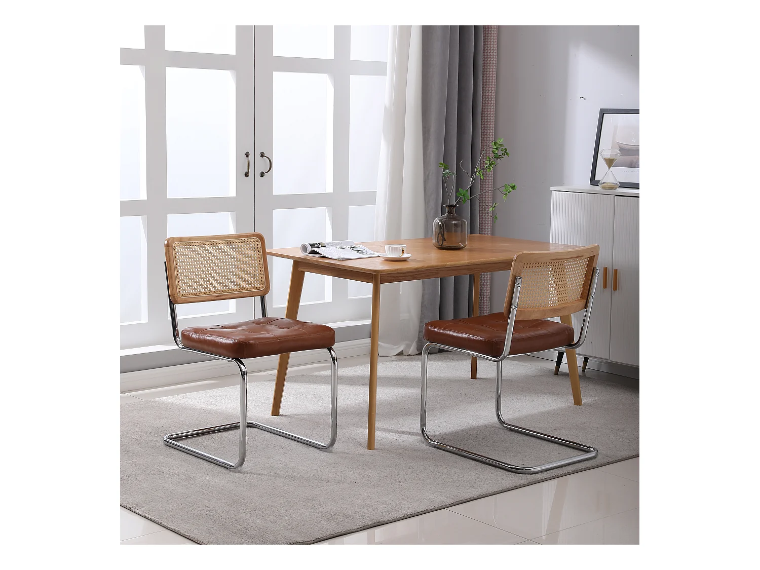 Chaises de Salle à Manger Modernes, Ensemble de 2 Chaises Rattan, Accoudoirs et Dossier Mesh, Coussins en PU, Pieds en Métal Chromé (50x61x85 cm)
