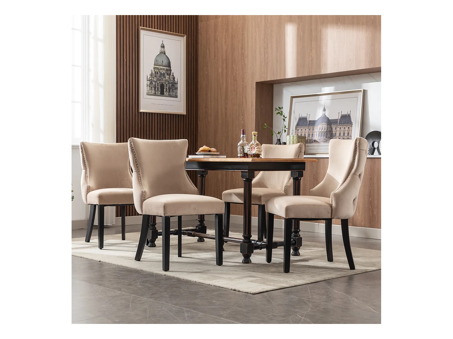 Sedia in velluto beige con schienale capitonné, gambe in legno massello, set di 4 sedie (50x41x91 cm)