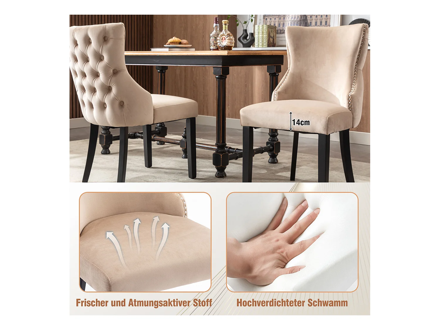 Sedia in velluto beige con schienale capitonné, gambe in legno massello, set di 4 sedie (50x41x91 cm)