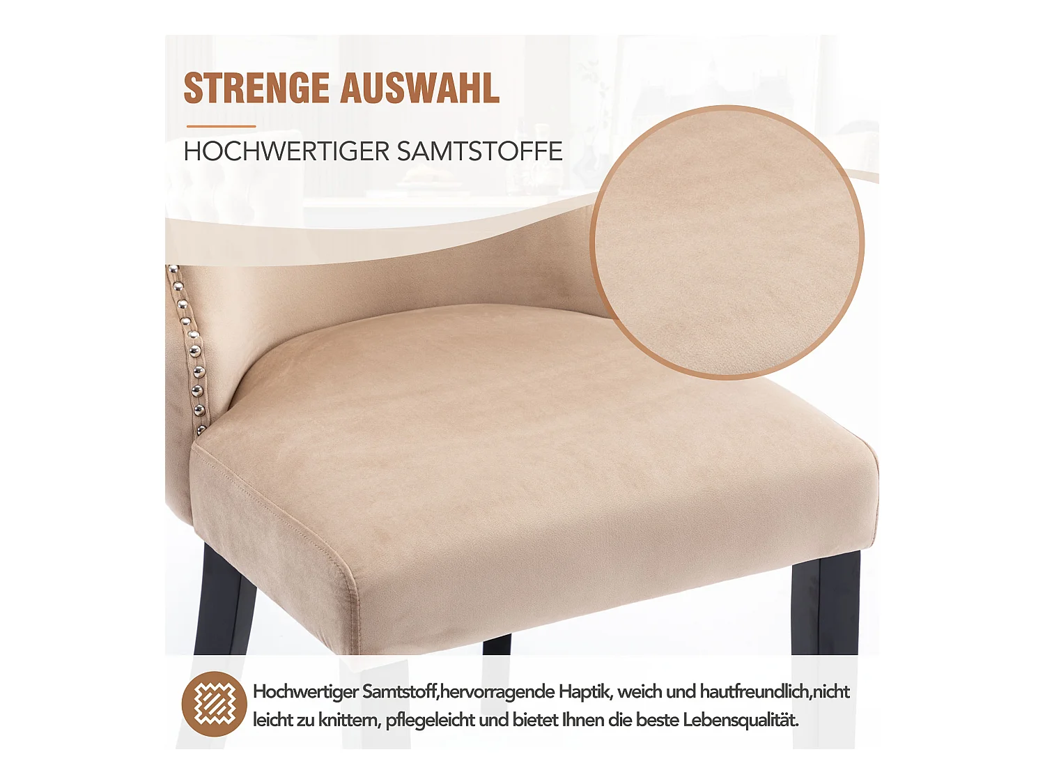 Sedia in velluto beige con schienale capitonné, gambe in legno massello, set di 4 sedie (50x41x91 cm)