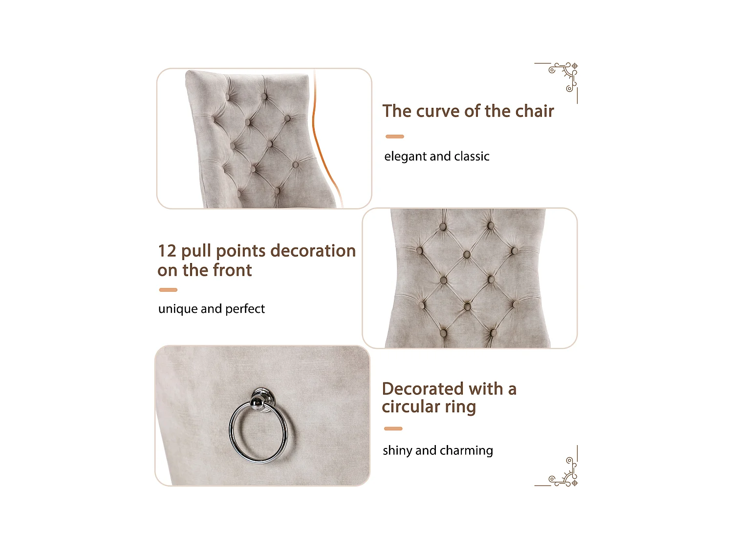 Chaises de salle à manger (4 pièces), Chaise en velours beige, Dossier haut avec capitonnage, Pieds en bois massif, (45x40x86 cm)