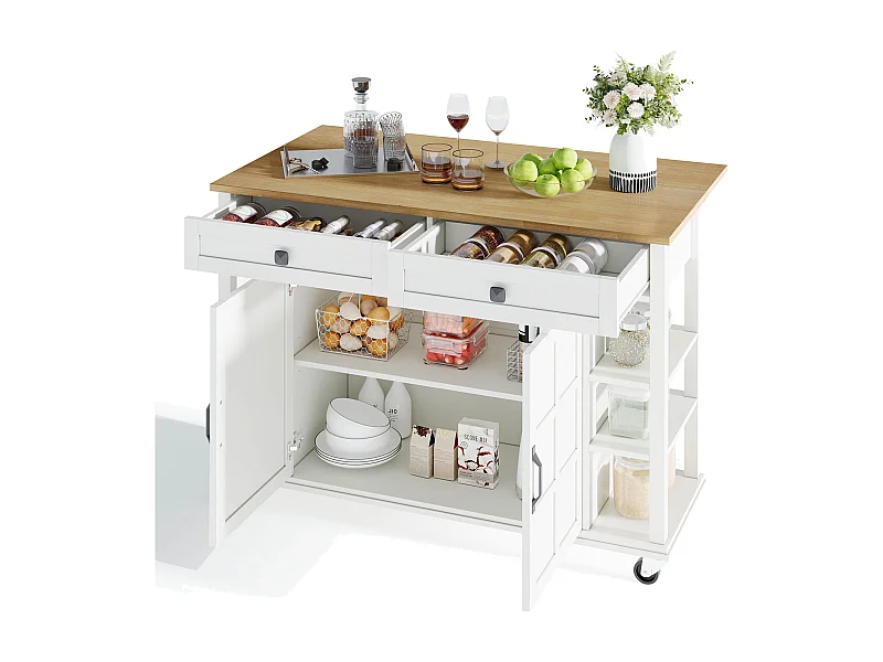 Multifunctionele keukentrolley, opklapbaar blad, 2 lades, wielen, wit en naturel (L120 x D40 x H89 cm)