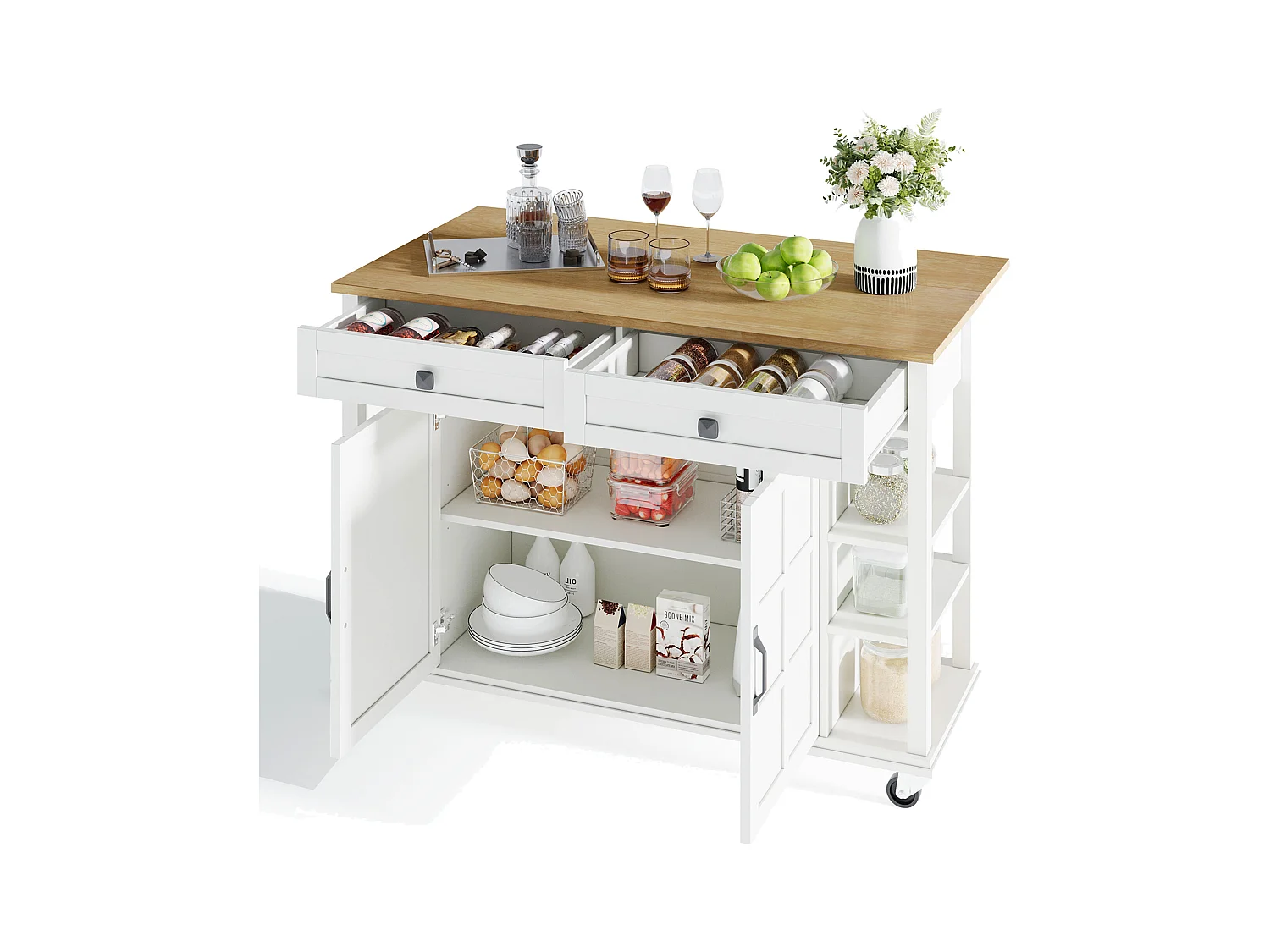 Chariot de cuisine multifonction, plateau rabattable, 2 tiroirs, roulettes, blanc et naturel (L120 x P40 x H89 cm)