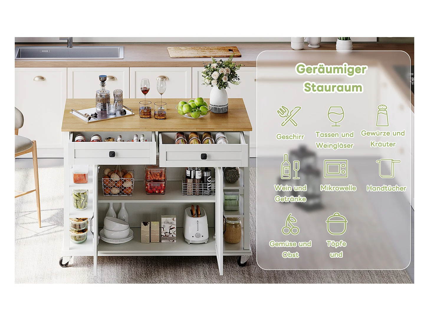 Chariot de cuisine multifonction, plateau rabattable, 2 tiroirs, roulettes, blanc et naturel (L120 x P40 x H89 cm)