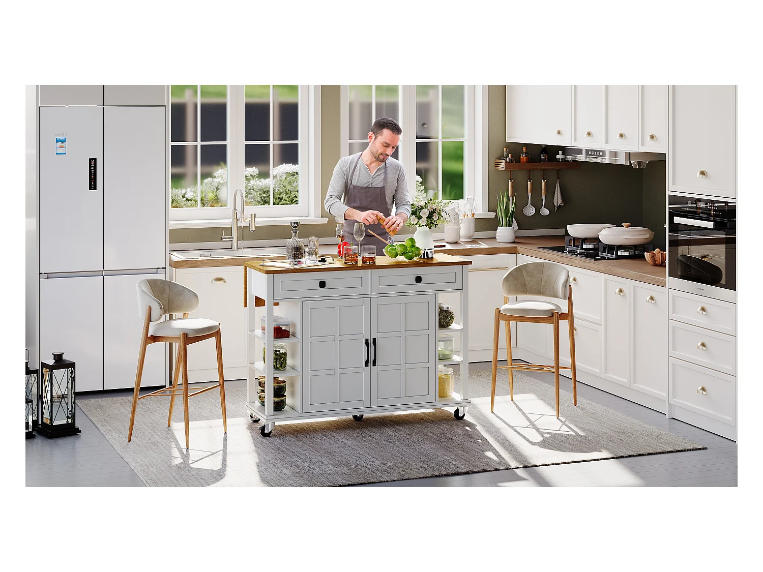 Chariot de cuisine multifonction, plateau rabattable, 2 tiroirs, roulettes, blanc et naturel (L120 x P40 x H89 cm)