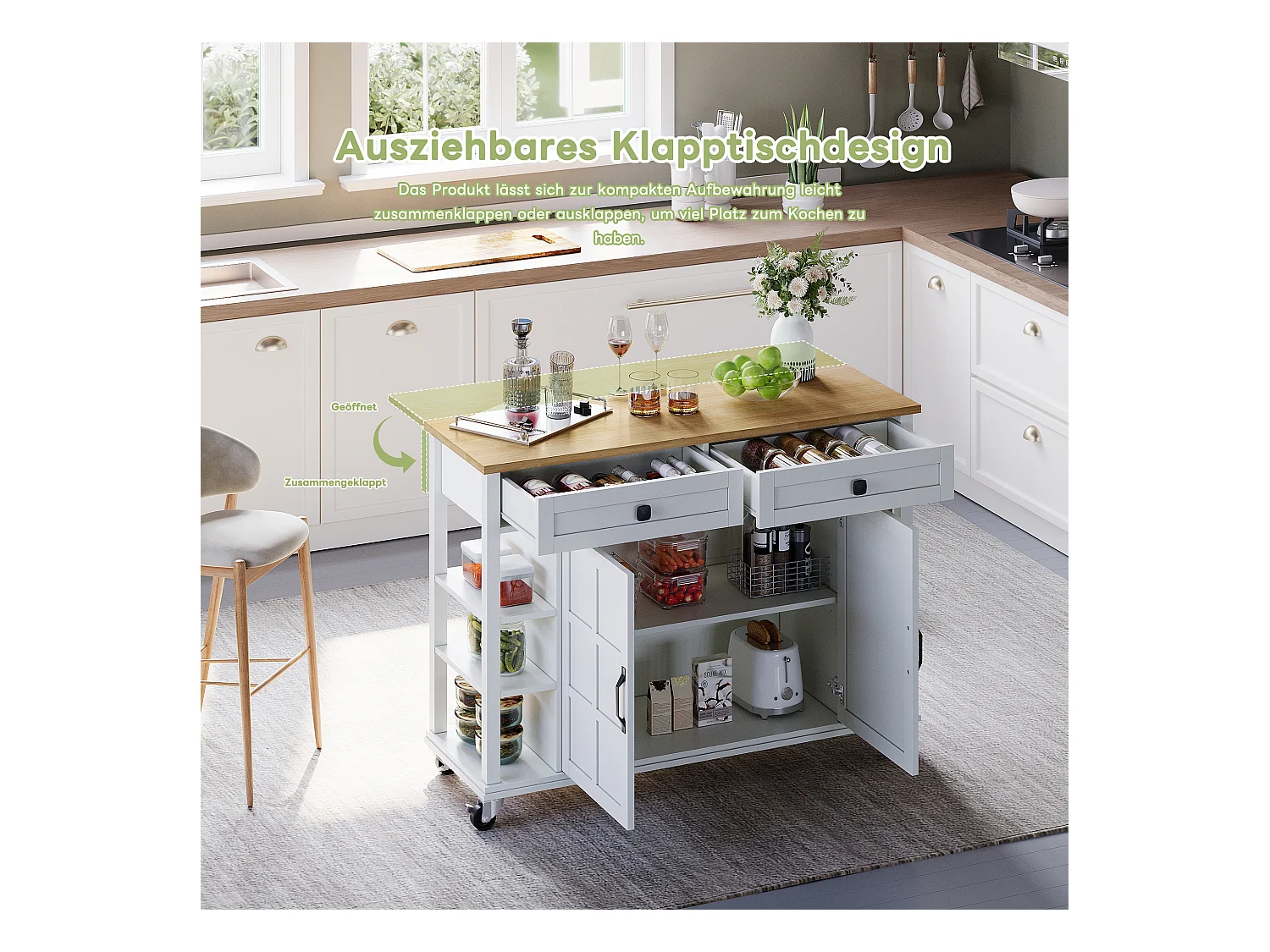 Chariot de cuisine multifonction, plateau rabattable, 2 tiroirs, roulettes, blanc et naturel (L120 x P40 x H89 cm)
