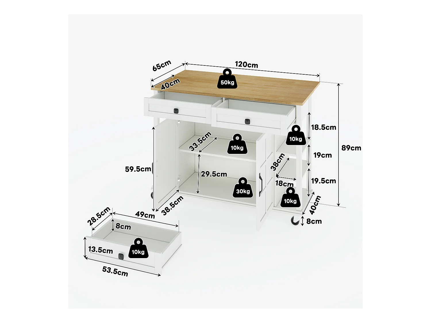 Chariot de cuisine multifonction, plateau rabattable, 2 tiroirs, roulettes, blanc et naturel (L120 x P40 x H89 cm)