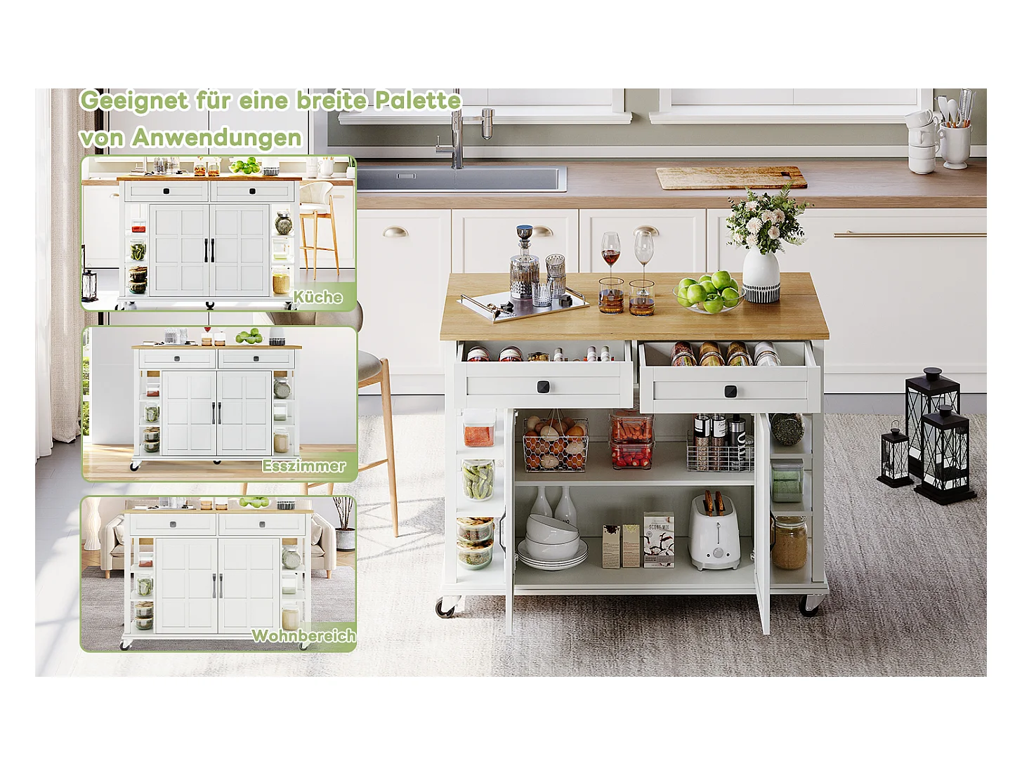 Chariot de cuisine multifonction, plateau rabattable, 2 tiroirs, roulettes, blanc et naturel (L120 x P40 x H89 cm)