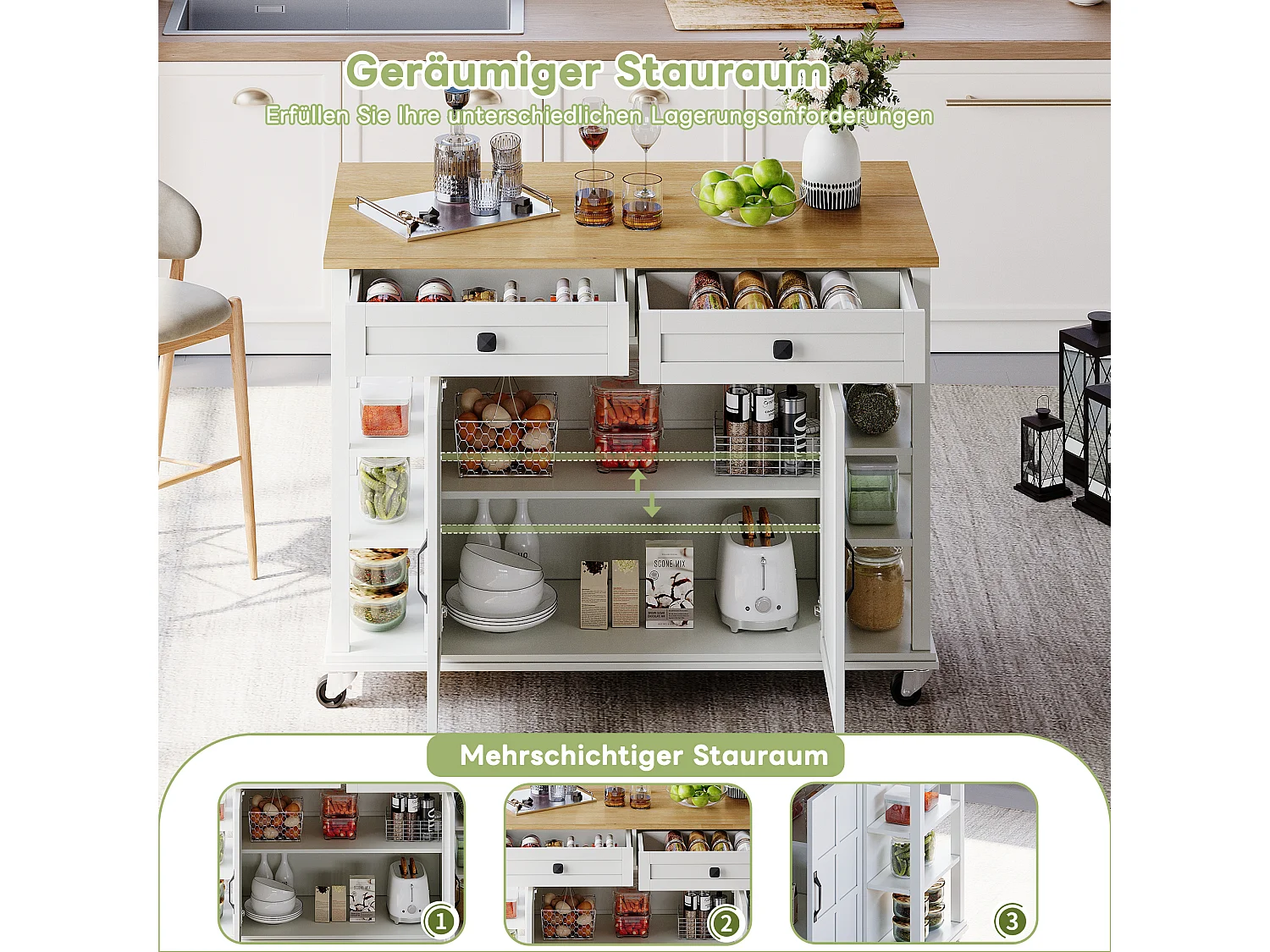 Multifunctionele keukentrolley, opklapbaar blad, 2 lades, wielen, wit en naturel (L120 x D40 x H89 cm)