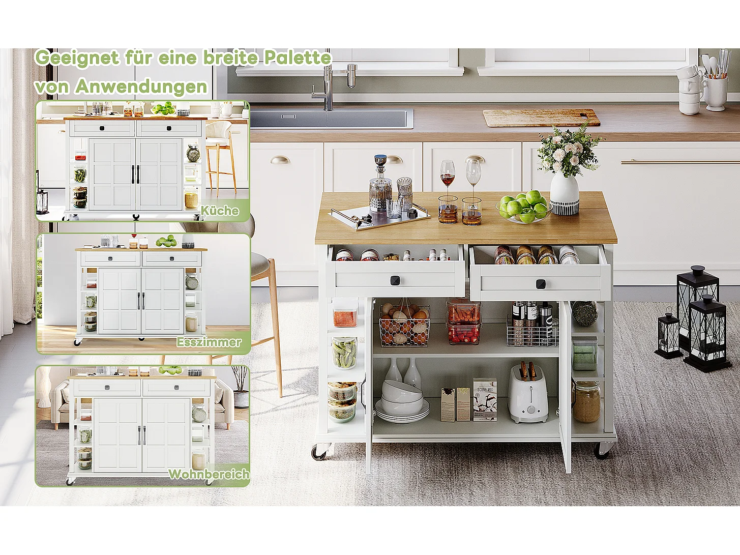 Multifunctionele keukentrolley, opklapbaar blad, 2 lades, wielen, wit en naturel (L120 x D40 x H89 cm)