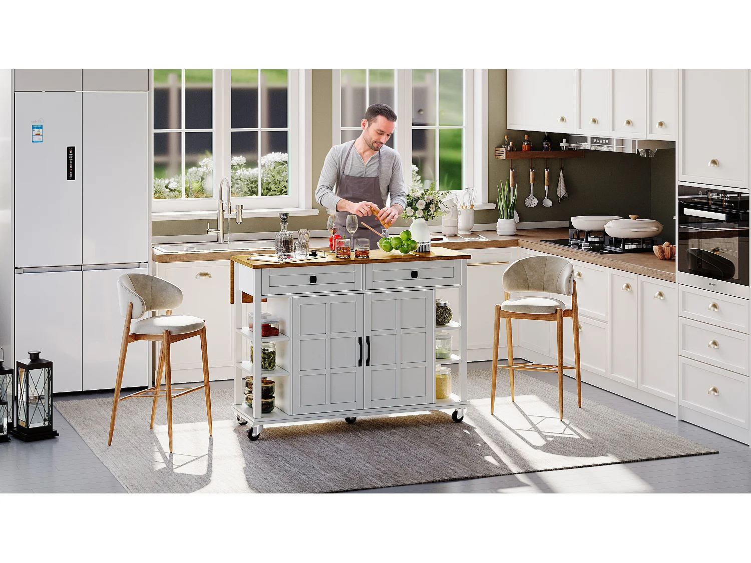 Multifunctionele keukentrolley, opklapbaar blad, 2 lades, wielen, wit en naturel (L120 x D40 x H89 cm)