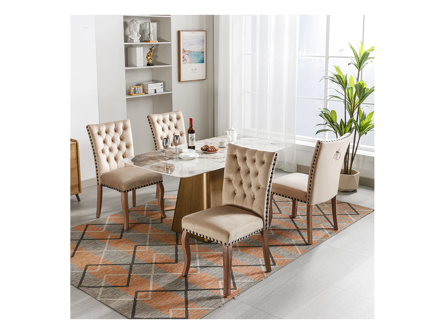 Sillas de comedor con campana decorativa, juego de 4, patas de madera maciza, terciopelo camel claro, clavos decorativos (49 x 63 x 95 cm)