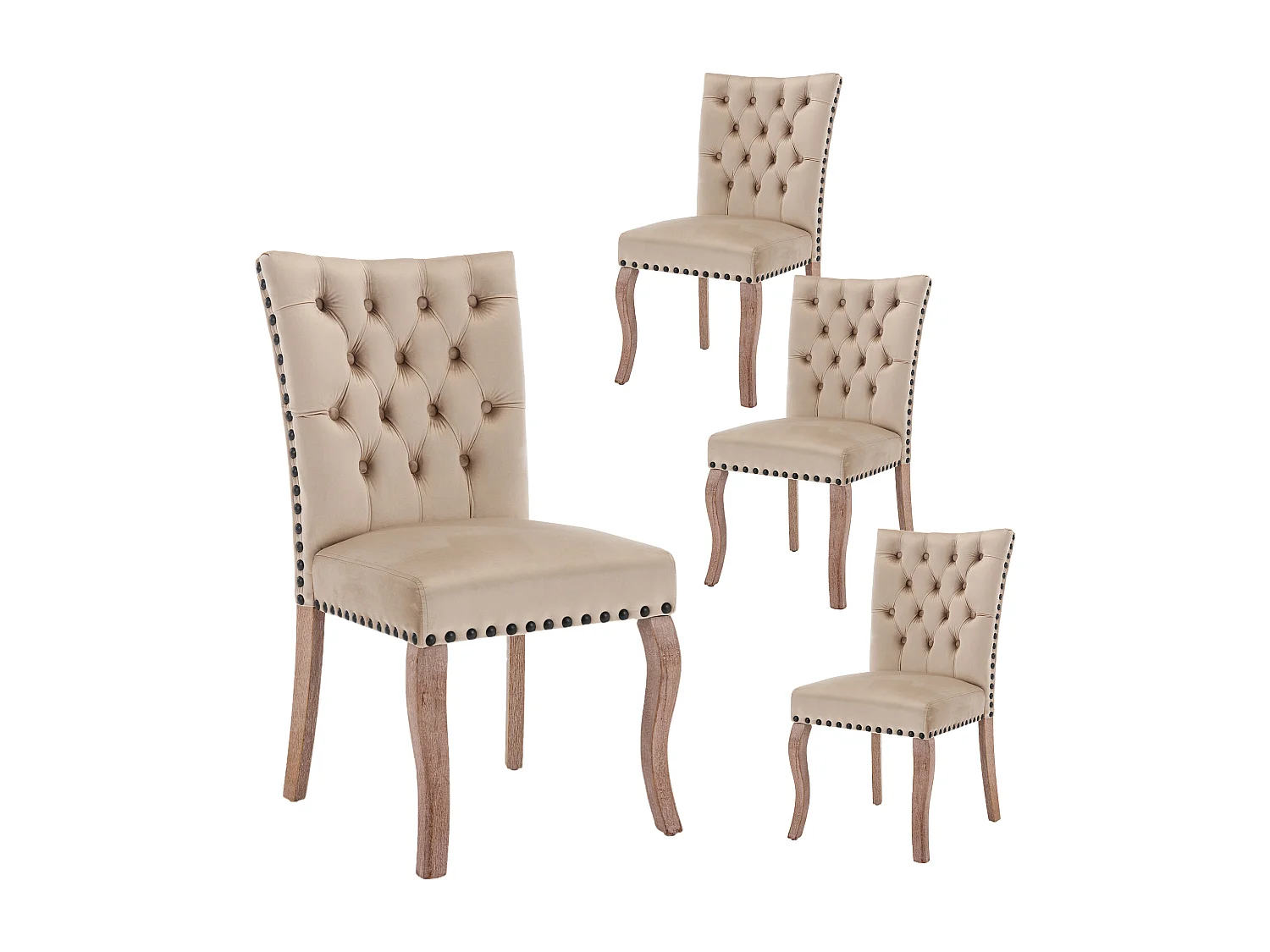 Sillas de comedor con campana decorativa, juego de 4, patas de madera maciza, terciopelo camel claro, clavos decorativos (49 x 63 x 95 cm)