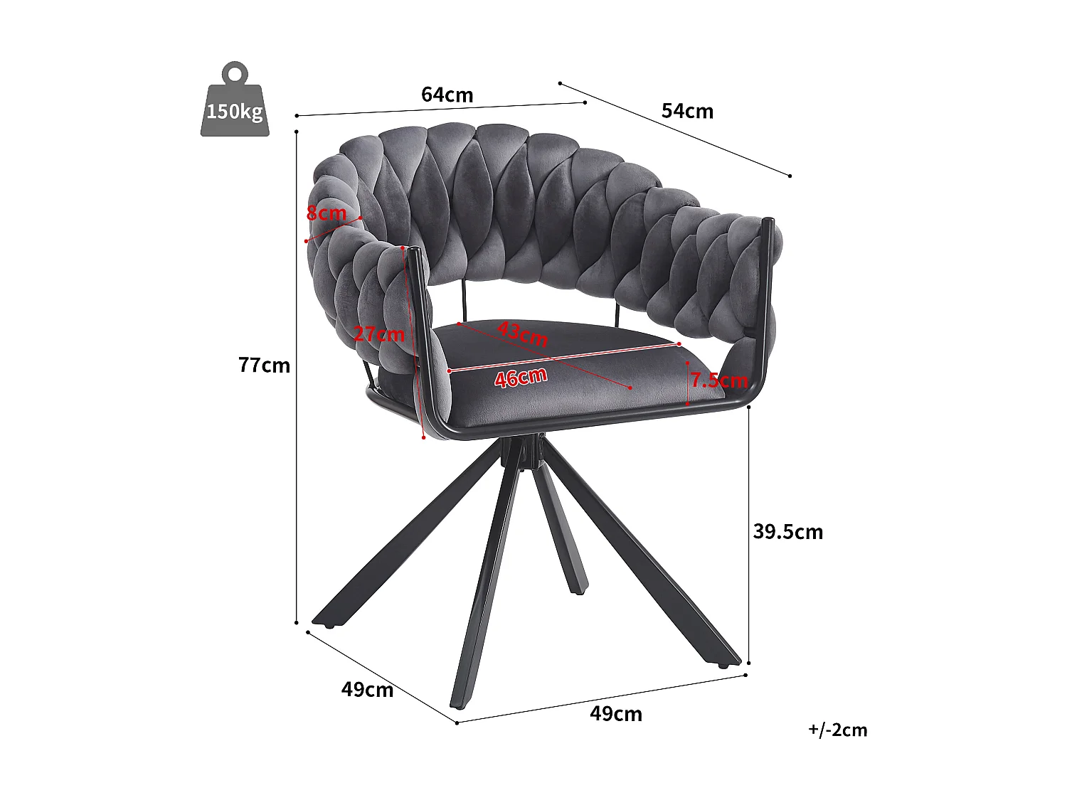 Chaise de salle à manger en velours, design ergonomique avec pieds métalliques réglables, gris (64x54x77cm)