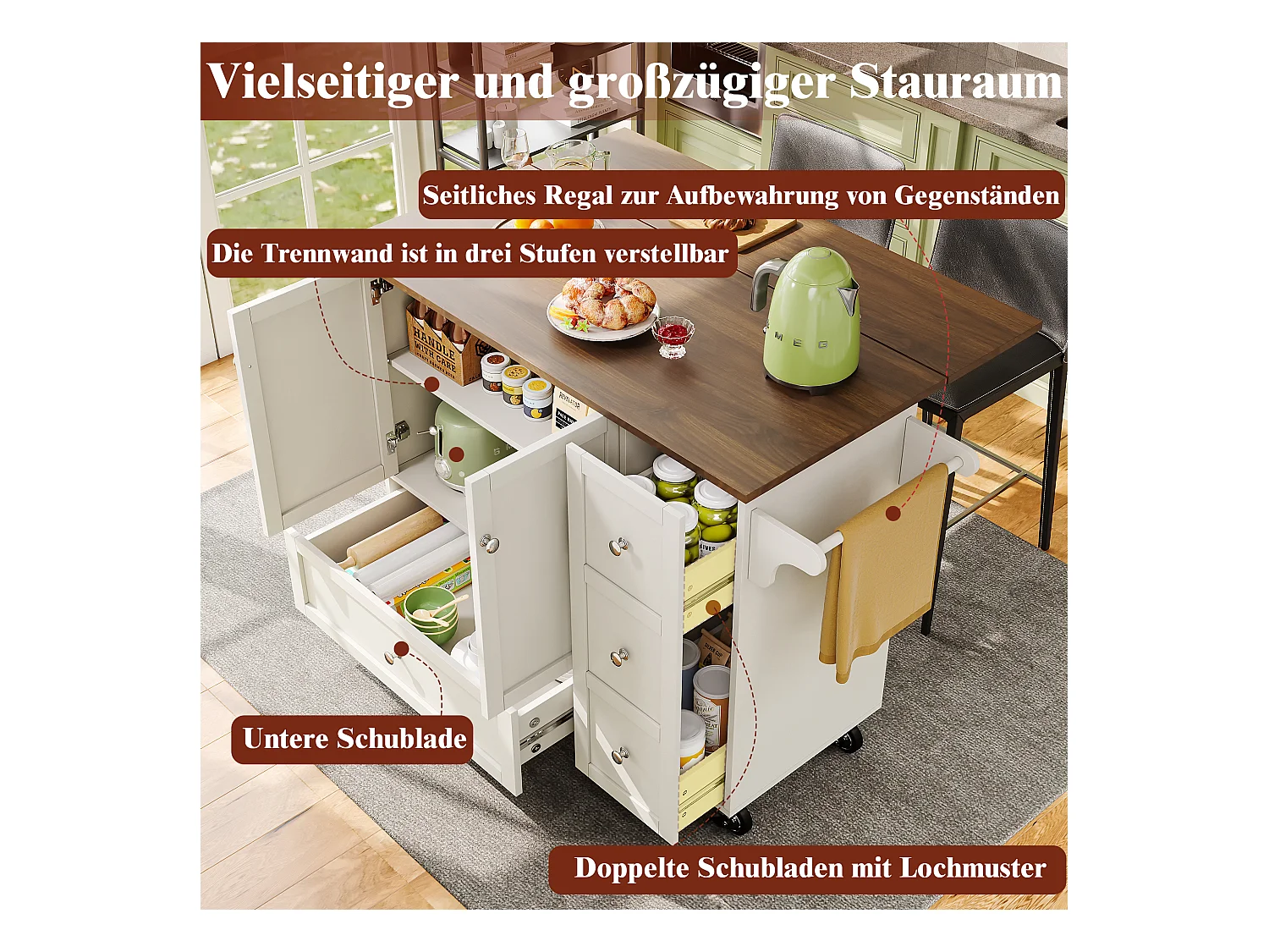 Carrito de cocina con puertas rayadas, espacio de almacenamiento, MDF, blanco (128x40x92,5 cm)