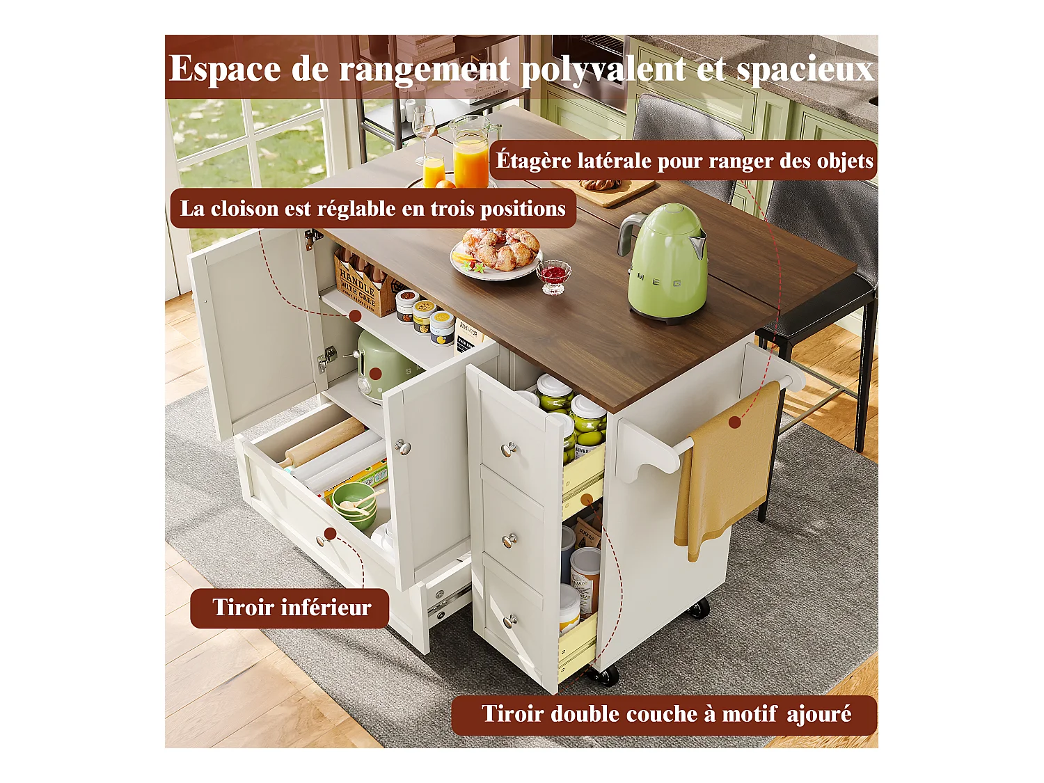 Carrito de cocina con puertas rayadas, espacio de almacenamiento, MDF, blanco (128x40x92,5 cm)
