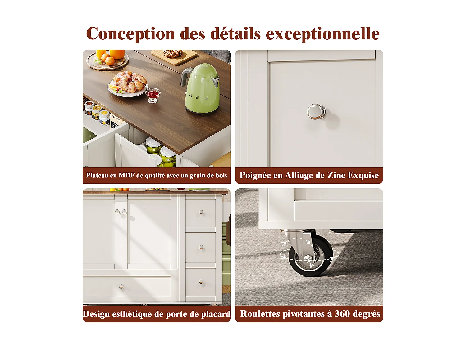 Chariot de cuisine avec portes à rayures, espace de rangement, MDF, blanc (128x40x92.5 cm)